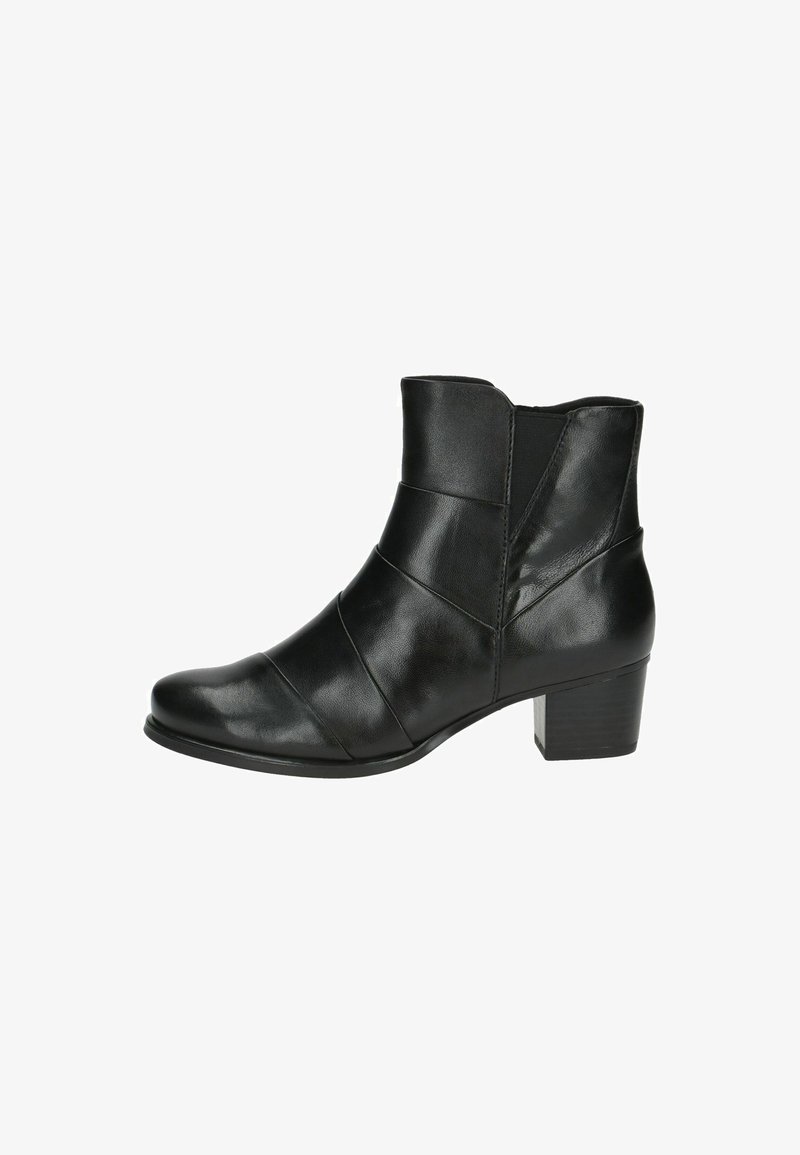 Czarne skórzane botki za kostkę z okrągłym czubkiem, z fakturowanym wzorem i słupkiem. Elastyczne boki dla łatwego zakładania.