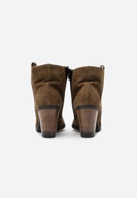 Stivali ankle in suede marrone con tacco a blocco in legno impilato, visti da dietro su uno sfondo bianco.