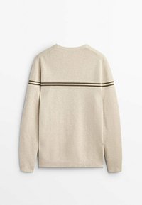 Jasnobeżowa bluza z okrągłym dekoltem, długimi rękawami i dwoma poziomymi ciemno-brązowymi paskami na plecach. Miękka struktura materiału.