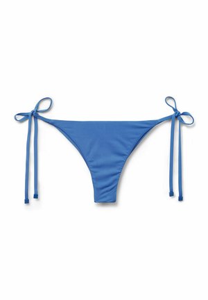 Bas de bikini bleu avec des bretelles ajustables des deux côtés, fabriqué en tissu lisse. Design minimaliste avec une coupe classique.