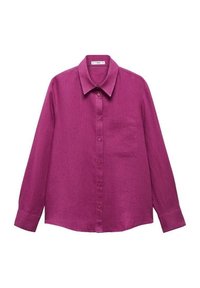 Chemise fuchsia à manches longues en lin, avec un devant à boutons, un col classique et une poche sur la poitrine. Texture douce et coupe décontractée.