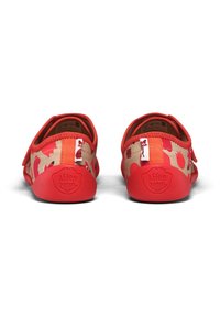 Red and beige children's shoes with a camo pattern, featuring smooth rubber soles and velcro straps for easy wear.