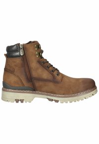 Bottine en cuir marron avec fermeture éclair latérale, col rembourré noir, œillets métalliques, lacets et semelle crantée beige.