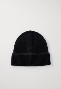 Bonnet en tricot noir avec un rebord côtelé, présentant un motif texturé. Le matériau semble doux et épais, adapté aux temps froids.