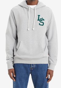 Sudadera con capucha gris hecha de una mezcla de algodón. Cuenta con un bolsillo canguro, cordones blancos y un logo bordado en verde oscuro en el pecho.