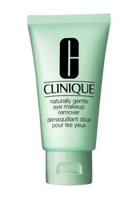 Tube en plastique vert souple étiqueté "Clinique Easily Gentle Eye Makeup Remover." Comprend du texte noir et un logo à l'avant.