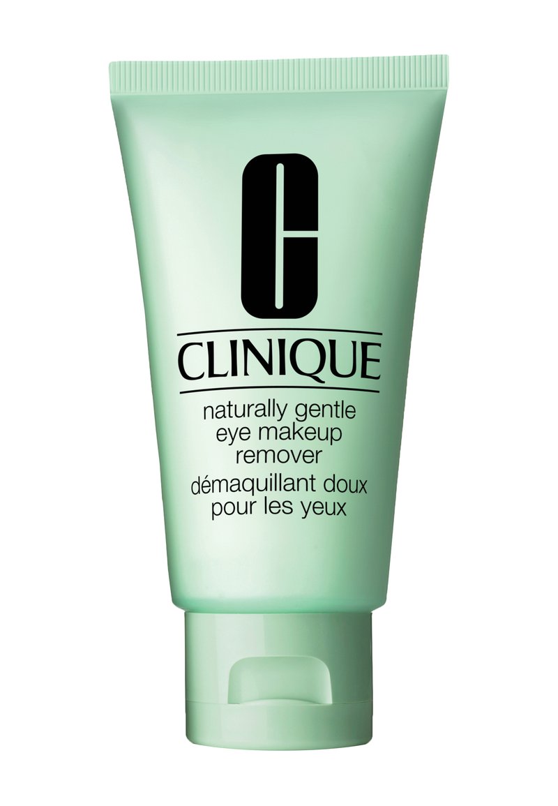 Tube en plastique vert souple étiqueté "Clinique Easily Gentle Eye Makeup Remover." Comprend du texte noir et un logo à l'avant.