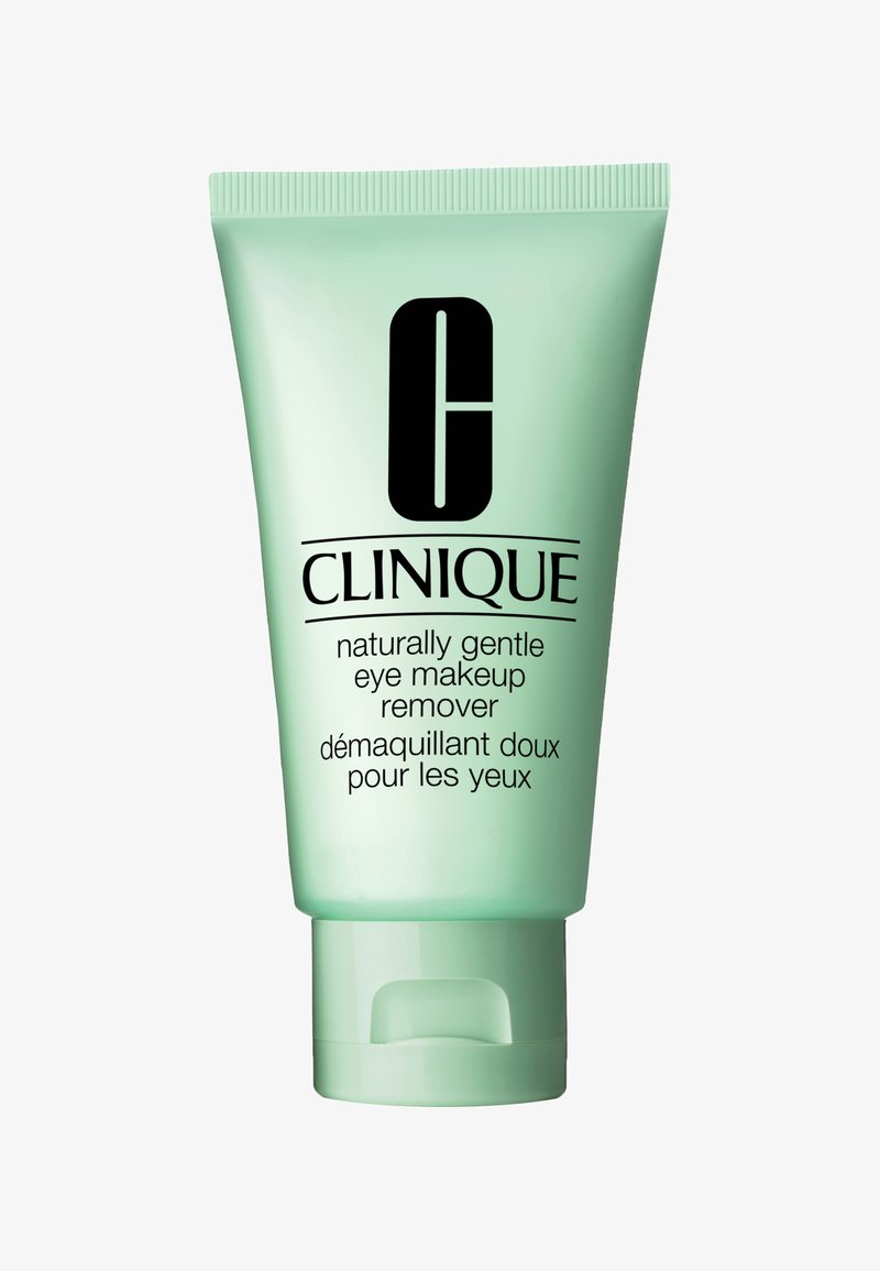 Tube en plastique vert souple étiqueté "Clinique Easily Gentle Eye Makeup Remover." Comprend du texte noir et un logo à l'avant.
