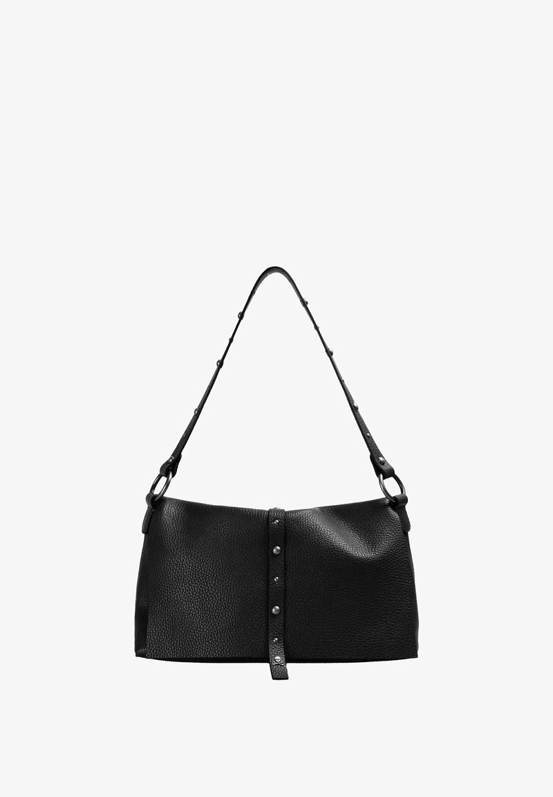 Black leather handbag with a structured shape, textured surface, adjustable strap, and decorative studs along the center seam.