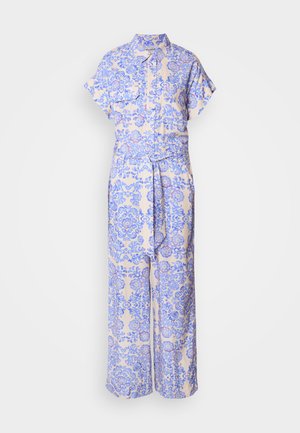 Jumpsuit con motivo floreale in rosa chiaro e blu, maniche corte, colletto, con vita cintata e design a gamba larga. Tessuto morbido.