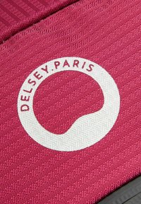 Tissu rose avec un motif texturé. Présente un logo blanc circulaire avec "DELSEY.PARIS" en lettres rouges sur un fond lisse.