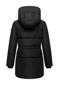 Black puffer jacket with a hood, featuring quilted sections, long sleeves, and a slightly tapered waist for a streamlined silhouette.