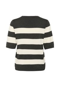 T-shirt rayé gris et blanc avec des manches courtes et un col rond, fabriqué dans un tissu doux et texturé. Vue de dos affichée.