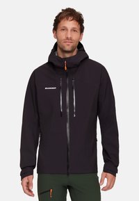 Black waterproof jacket with a hood, featuring two zippered chest pockets and an orange zipper pull. Made from lightweight material.