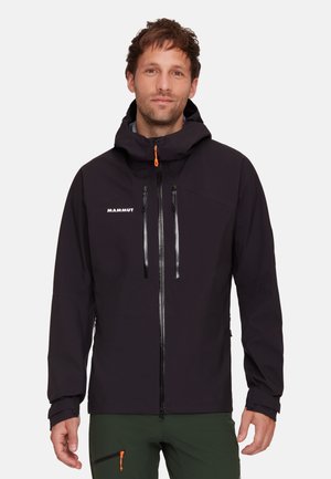 Black waterproof jacket with a hood, featuring two zippered chest pockets and an orange zipper pull. Made from lightweight material.