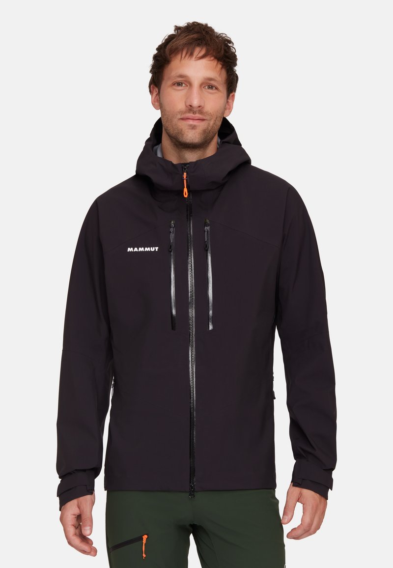 Black waterproof jacket with a hood, featuring two zippered chest pockets and an orange zipper pull. Made from lightweight material.