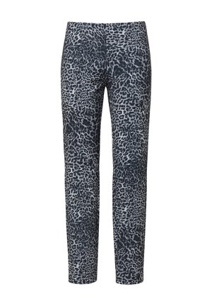 Leopard print pants in shades of gray and black. Slim fit design with stretchy fabric. Smooth texture and no visible hardware or accents.