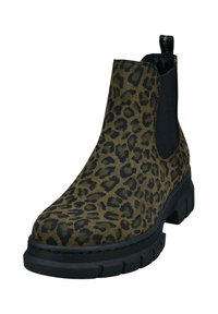 Bottines à imprimé léopard avec une surface texturée, des panneaux élastiques sur les côtés et une semelle en caoutchouc noir épaisse. Comprend une languette pour un enfilage facile.