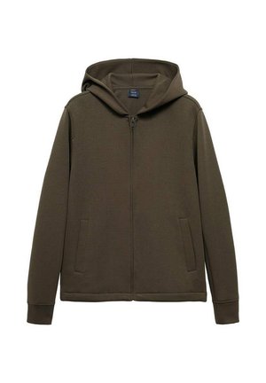 Olive green hooded sweatshirt made of soft fabric, featuring a full front zipper, side pockets, and a plain design with no visible patterns.