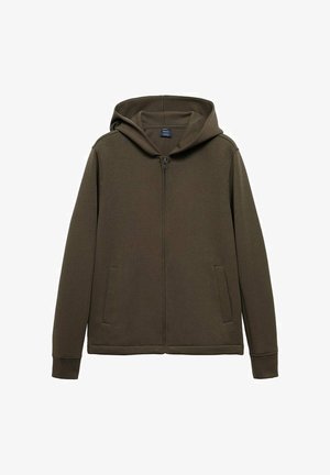 Maslinasto zeleni dukserica s kapuljačom, izrađena od mekanog materijala, s punim prednjim patentnim zatvaračem, bočnim džepovima i jednostavnim dizajnom bez vidljivih uzoraka.