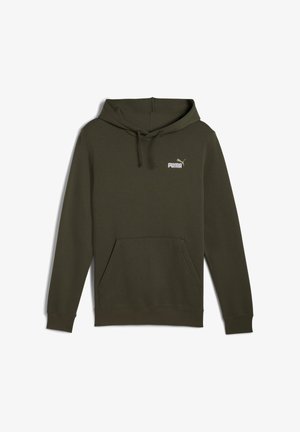 Olive green hooded sweatshirt made of soft fabric, featuring a kangaroo pocket and a small white Puma logo on the chest.