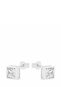 Silverstuds örhängen med en fyrkantig design och en klar prinsessklicksten i varje. Örhängena har en minimalistisk modern estetik.