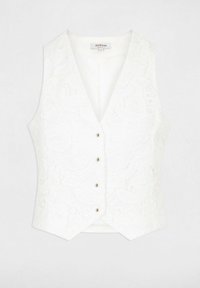 Gilet en dentelle blanche avec un profond décolleté en V, cinq boutons décoratifs et une silhouette ajustée ornée de motifs floraux.