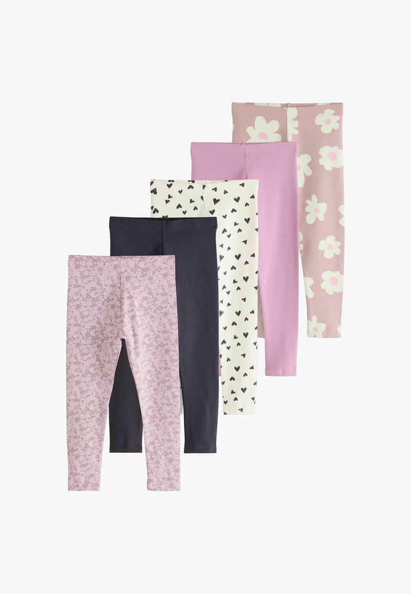 Cinco pares de leggings infantiles en rosa floral, azul marino liso, blanco con corazones negros, rosa liso y rosa con grandes flores blancas.