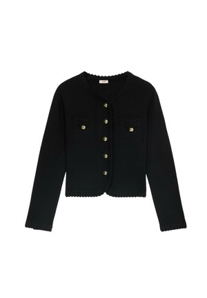 Schwarze Strickjacke aus Strickstoff mit Rundhalsausschnitt, vorderen Knöpfen und zwei Brusttaschen mit goldenen Akzenten. Eingearbeitete strukturierte Bordüre.