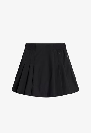 Zwarte geplooide rok met een brede elastische tailleband en een zijzak met rits. Gemaakt van soepele, lichte stof in een effen kleur.