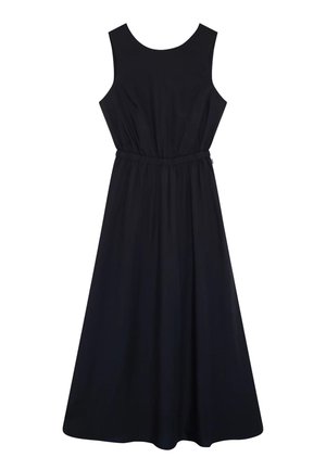 Zwart mouwloze midi-jurk met ronde halslijn en aangezogen taille, die zacht uitloopt naar de zoom.