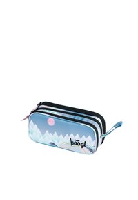 Astuccio blu con design di montagna, cerniere nere e dettagli rosa. Presenta un logo e una zip, realizzato in tessuto e ha una forma rettangolare.