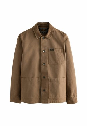 Chaqueta de lona marrón con un cuello de pana, mangas largas, cierres frontales con botones y dos grandes bolsillos frontales. Incluye un pequeño parche de marca.