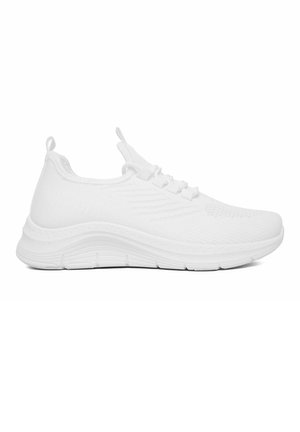 White lightweight knitted sneaker with pull tabs on tongue and heel, featuring a cushioned sole and subtle textured patterns.