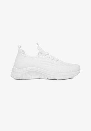 White lightweight knitted sneaker with pull tabs on tongue and heel, featuring a cushioned sole and subtle textured patterns.