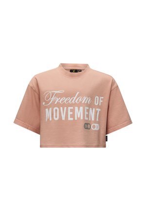 Gekürztes T-Shirt aus Pfirsich-Baumwolle mit hohem Hals und kurzen Ärmeln, featuring "Freiheit der Bewegungen" in weißem Text und Toggle-Grafik.