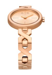 Orologio in oro rosa con cassa rotonda e quadrante testurizzato. Caratterizzato da un bracciale a maglia con un design ad incastro, finitura lucida e indicatori minimalisti.