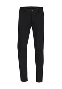 Pantalons ajustés noirs en tissu extensible. Comprend une fermeture éclair et un bouton, avec deux poches avant et un design élégant.