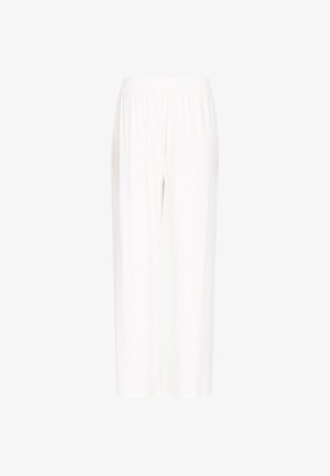 Weiße, weit geschnittene Hose mit einem elastischen Bund. Hergestellt aus einem weichen, glatten Stoff und zeichnet sich durch ein einfaches, schmuckloses Design aus.