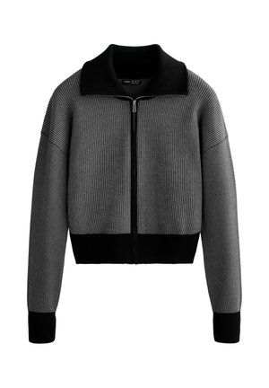 Kort tröja med dragkedja i texturerat grått tyg, svart krage och manschetter samt avslappnad passform. Designen inkluderar en dragkedja framtill.