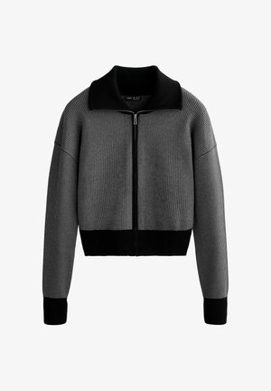 Pulover scurt cu fermoar, dintr-un material gri texturat, cu guler și manșete negre, și croială lejeră. Designul include o închidere frontală cu fermoar.