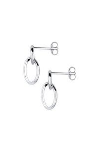 Pendientes de metal plateado en forma de tachuelas que presentan dos formas ovaladas entrelazadas. Superficie pulida con un acabado brillante y cierre sencillo con postes.