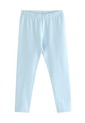 Lyseblå leggings til småbørn med elastisk taljebånd, lavet af blødt stretchstof, vist liggende fladt på hvid baggrund.