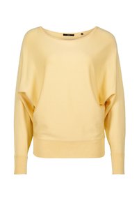 Gelbes, übergroßes Sweatshirt aus weichem Stoff. Verfügt über einen weiten Ausschnitt, gerippte Bündchen und einen Saum mit gewelltem Rand.