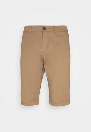 Brown cotton shorts with a regular fit, hemmed cuffs, front pockets, and a single button closure at the waist. Smooth texture.
