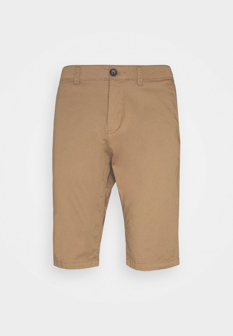 Pantaloni corti in cotone marrone con una vestibilità regolare, orli cuciti, tasche frontali e chiusura con un singolo bottone in vita. Tessuto liscio.