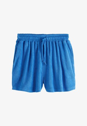 Zilas frotē šorti ar elastīgu jostu, aukliņu un sānu kabatām.