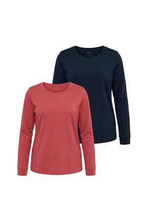 To ensfarvede langærmede t-shirts med rund hals, den ene mørkeblå bag den anden dæmpet rød, vist på hvid baggrund.
