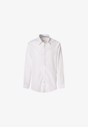 Camisa blanca de botones con finas rayas rojas, de mangas largas, con cuello puntiagudo y dobladillo recto. Confeccionada en una tela ligera y de textura suave.