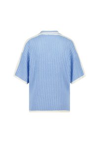 Light blue short-sleeve knit top with a textured pattern, featuring white trim along the collar and sleeves, and a loose fit.